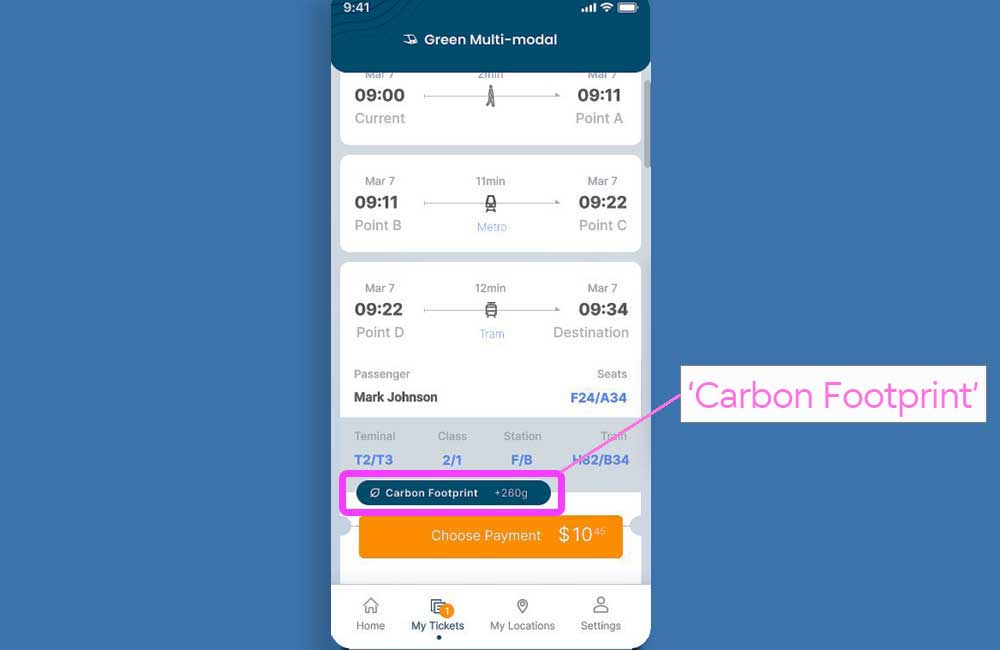 The Green Commute app suggesting commuting routes based on the amount of CO2 emissions.