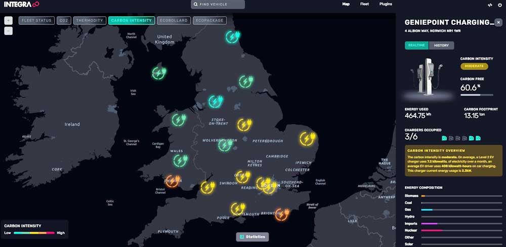 A screen from Fleet CO2 Reduction. Green symbols represent charging stations with smaller CO2 footprints.