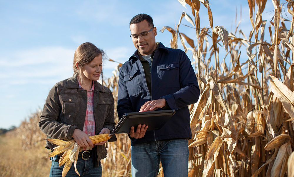 Two farmers look at an electronic pad together, in the middle of the farm.