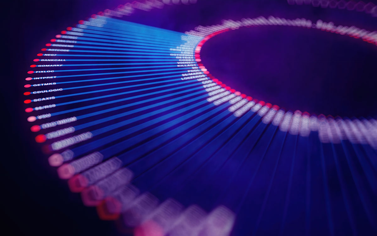 Small circle inside large circle connected by red dots and blue lines containing white text, representing digital data