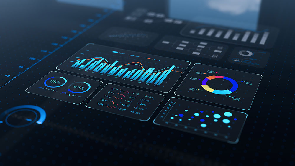 Close up of dashboard with graphics and statistics. Big data analysis concept