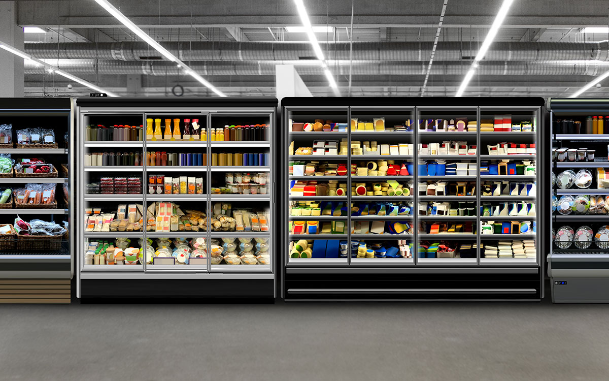 Refrigerators filled with food in a supermarket