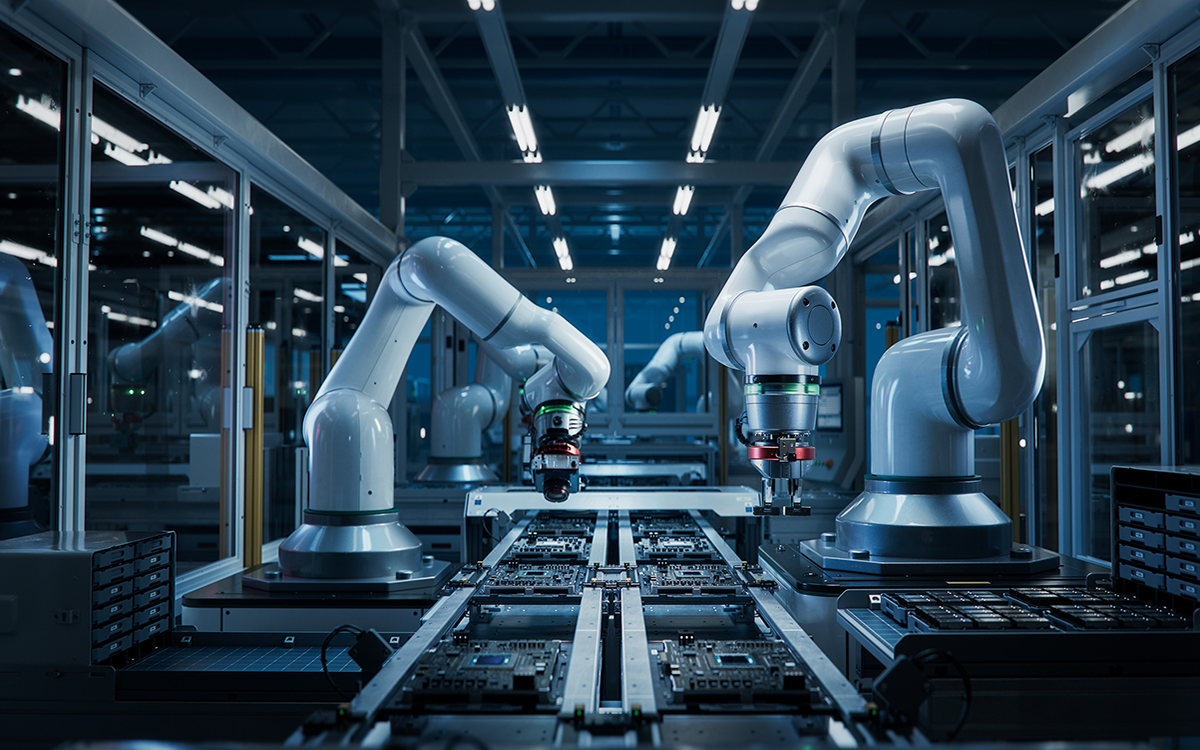 Robotic arm in automated assembly line in factory