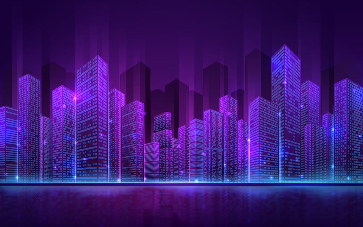 A futuristic or neon cityscape at night, with buildings illuminated in glowing purple and blue lights, reflecting on a wet surface below.