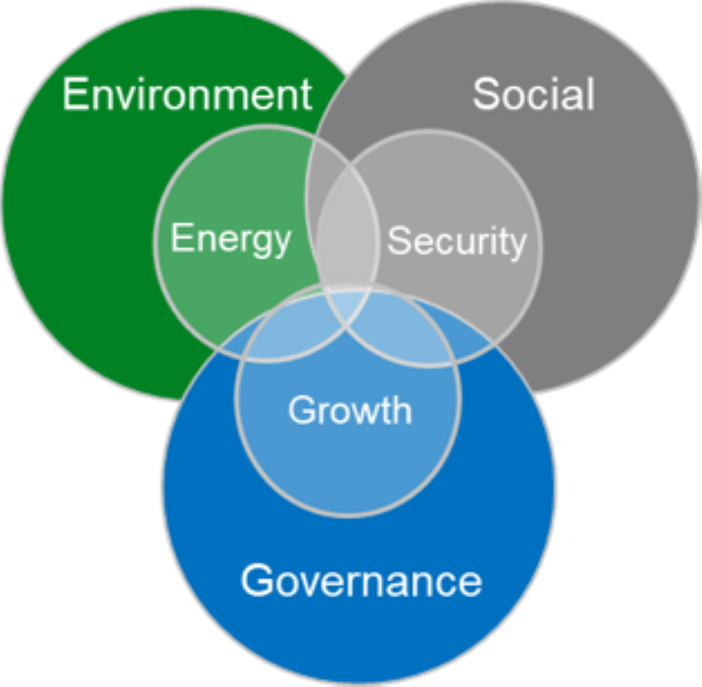 Infographic or diagram showing the alignment of new ESG (Environmental, Social, Governance) goals, integrating energy, security, and growth.