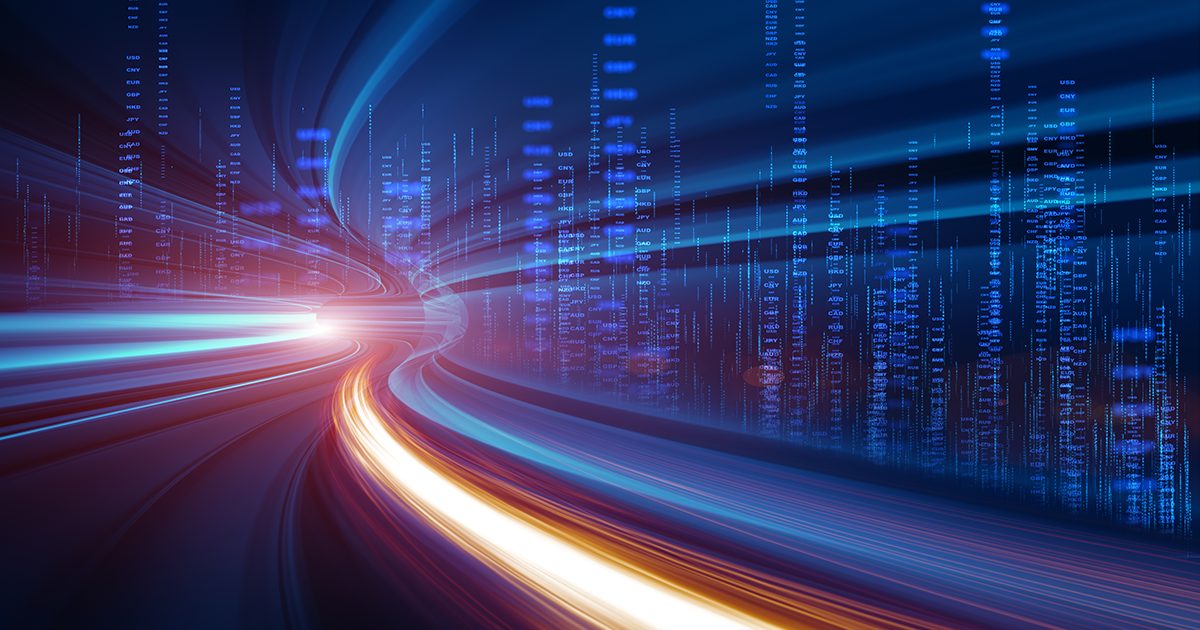 Abstract background of financial data streaming through a light tunnel, representing fast-paced global finance and technology.